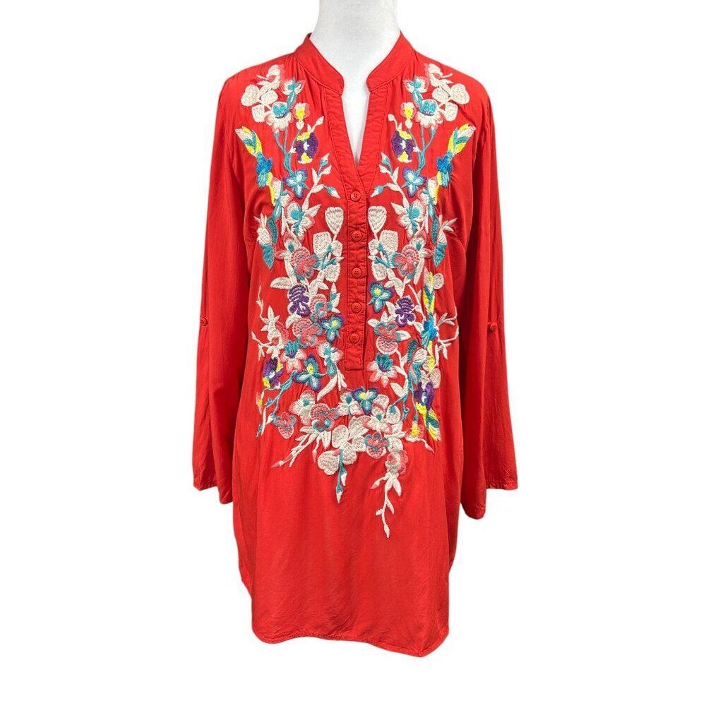 Solitaire Floral Embroidered Roll Tab Popover Tunic Size M Red
